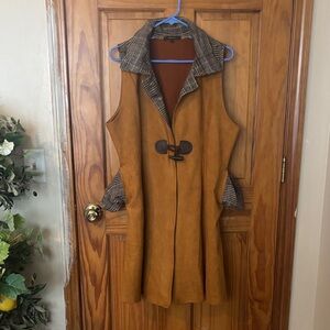Radzoli Brown Sleeveless Vest with Plaid Accents vegan suede leather